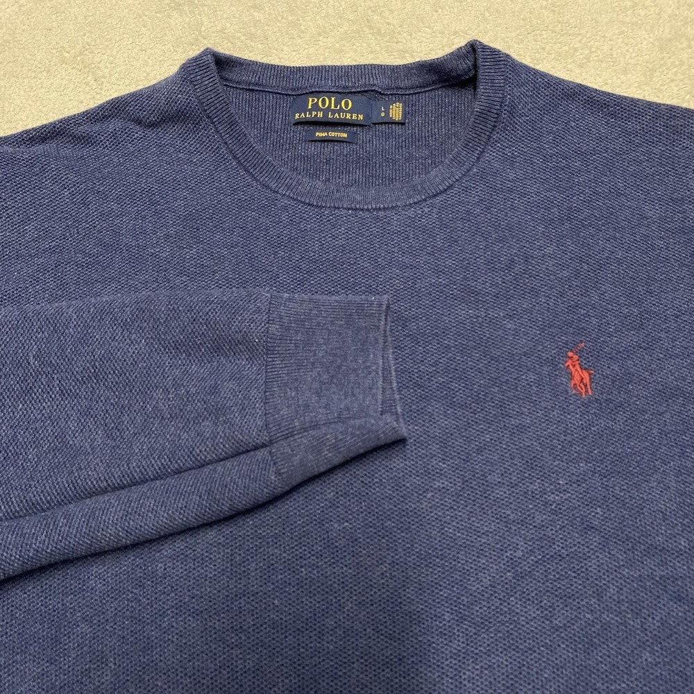 Polo Ralph Lauren Sweater Mens Large Blue Pique Pima Cotton Lightweight Pony